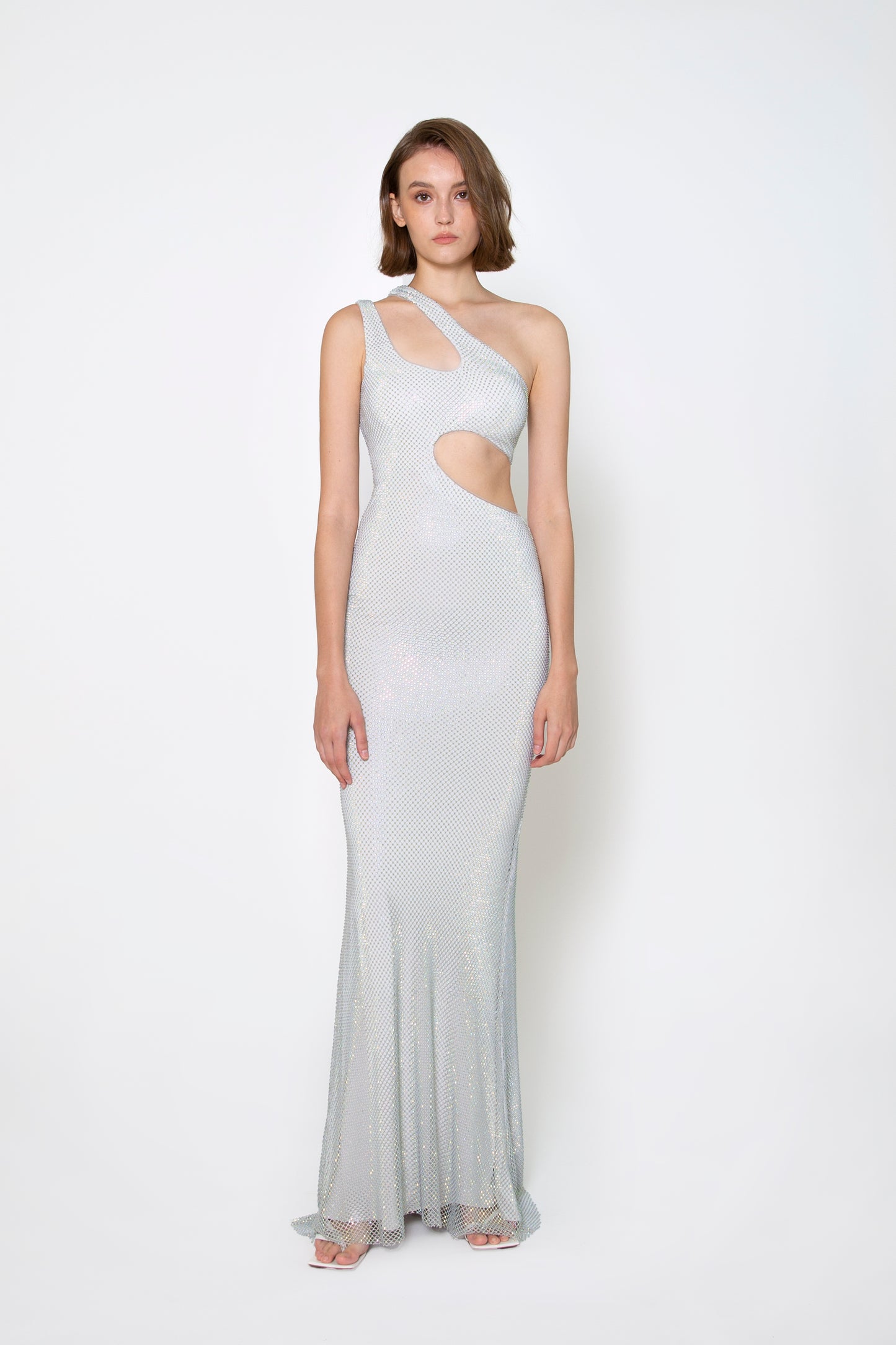 ONE-SHOULDER CUTOUT CRYSTAL GOWN