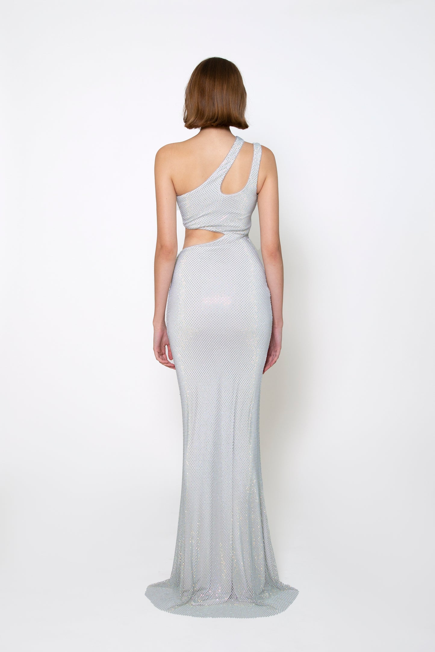 ONE-SHOULDER CUTOUT CRYSTAL GOWN