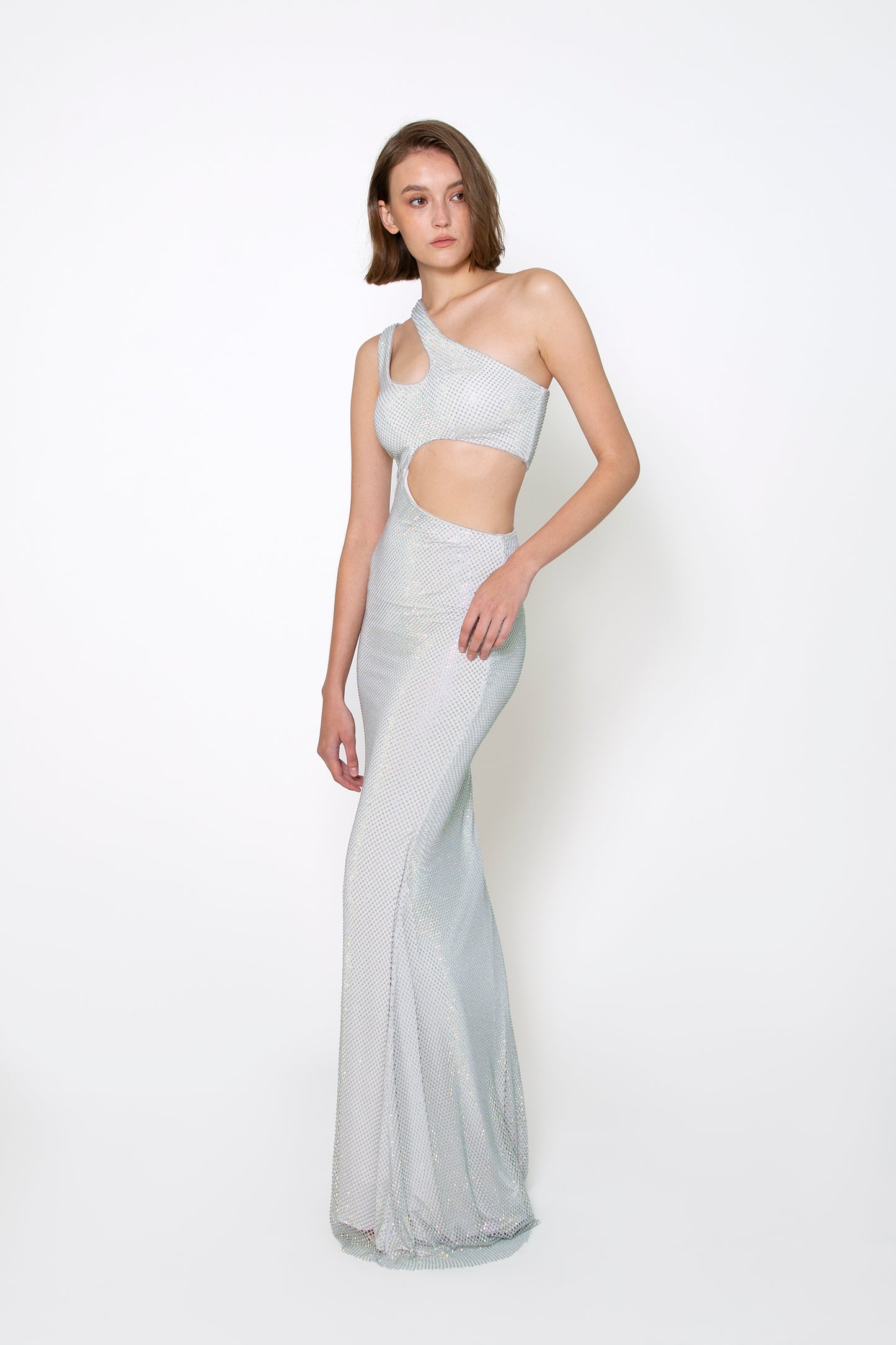 ONE-SHOULDER CUTOUT CRYSTAL GOWN