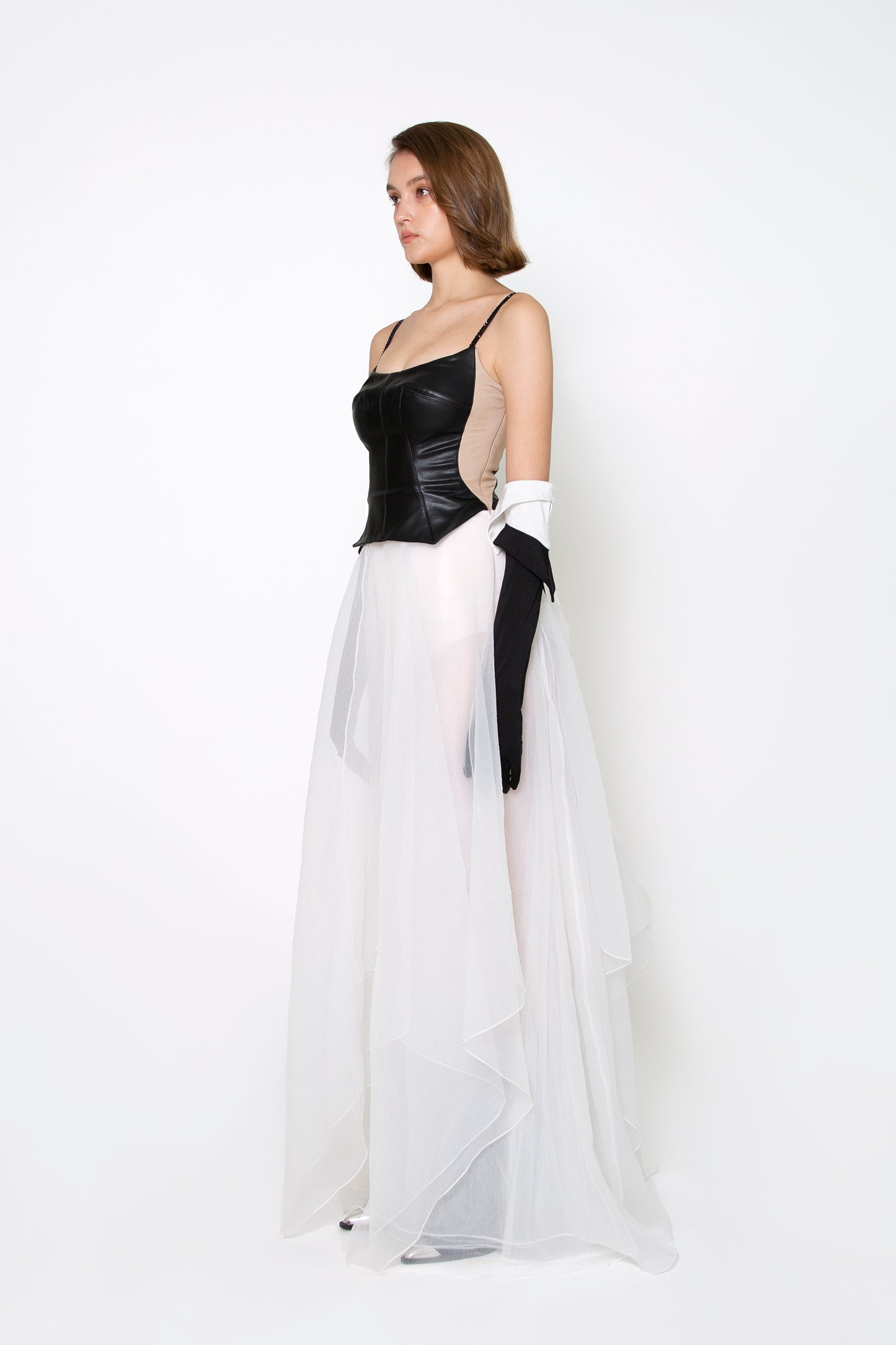 FAUX-LEATHER AND TULLE GOWN