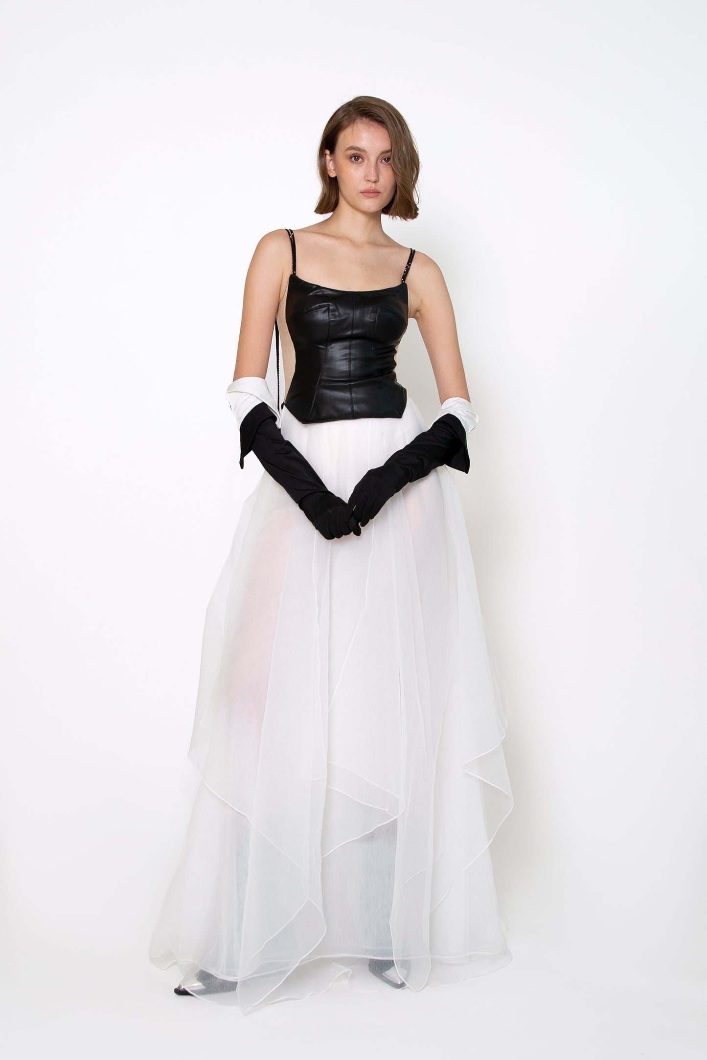 FAUX-LEATHER AND TULLE GOWN