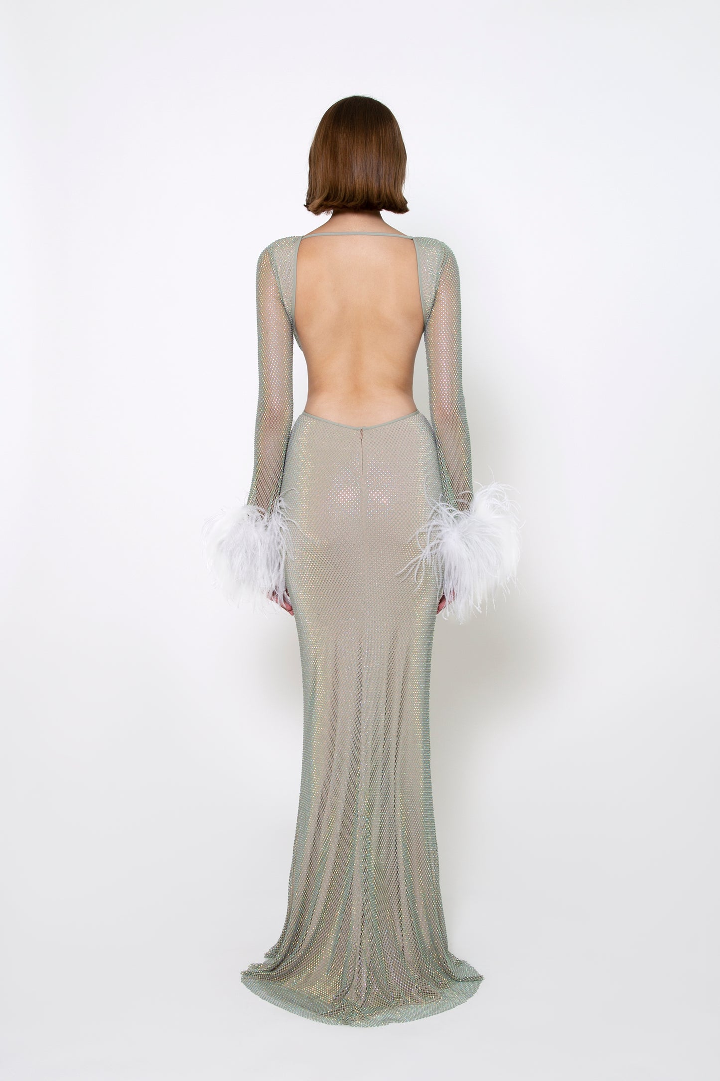 FEATHER-TRIMMED LONG SLEEVE CRYSTAL GOWN