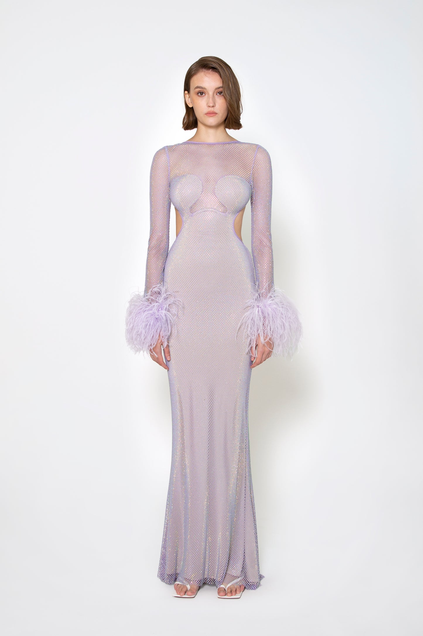 FEATHER-TRIMMED LONG SLEEVE CRYSTAL GOWN