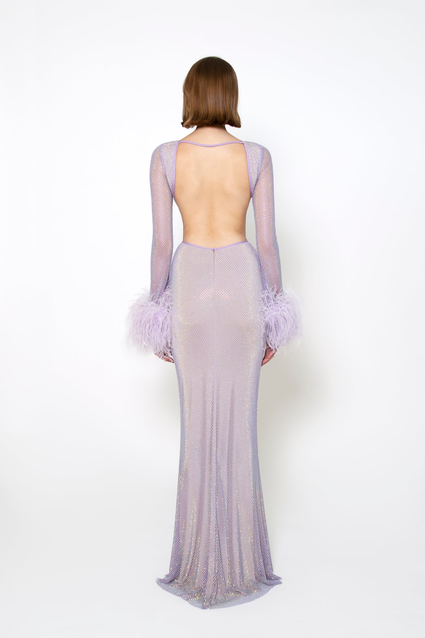 FEATHER-TRIMMED LONG SLEEVE CRYSTAL GOWN