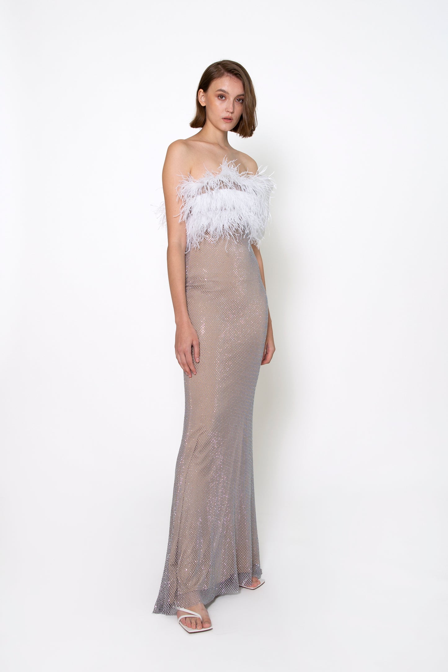 FEATHER TOP STRAPLESS CRSYTAL GOWN