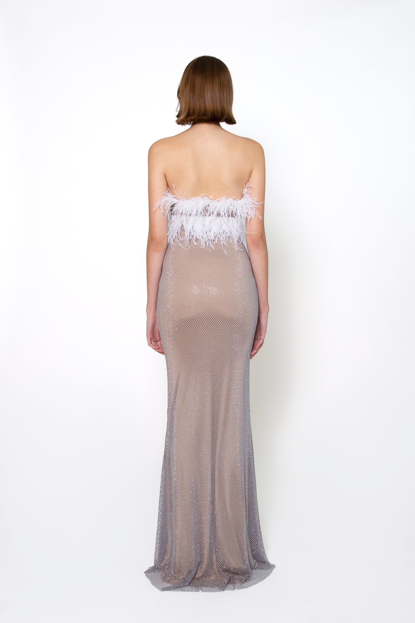 FEATHER TOP STRAPLESS CRSYTAL GOWN