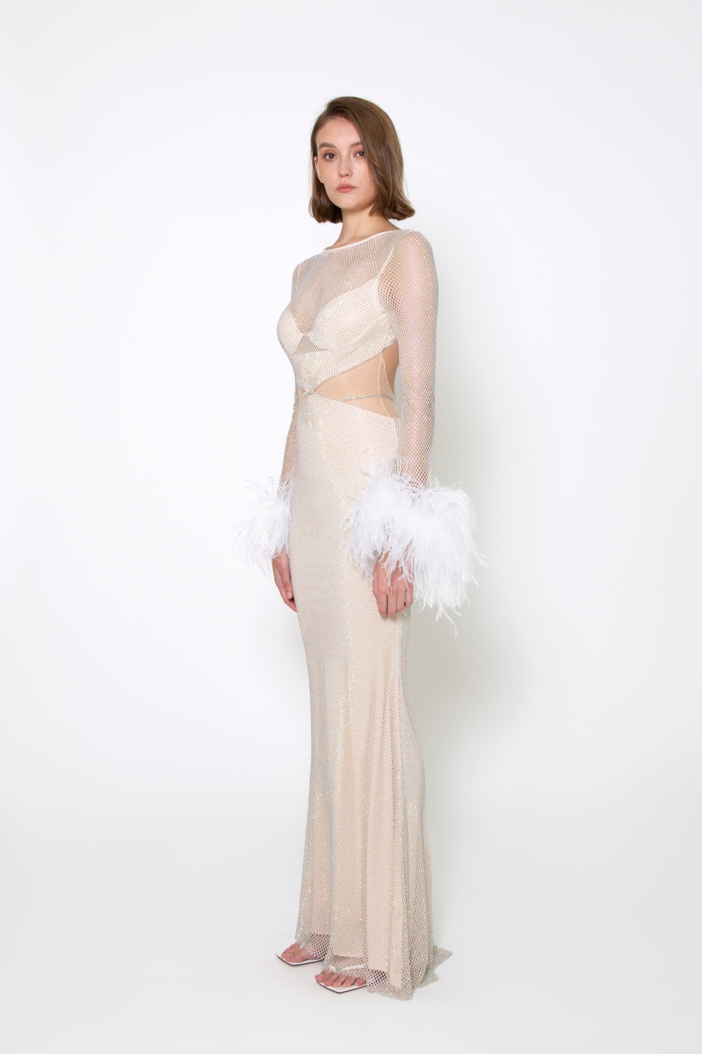 CUTOUT WAIST LONG SLEEVE CRYSTAL GOWN