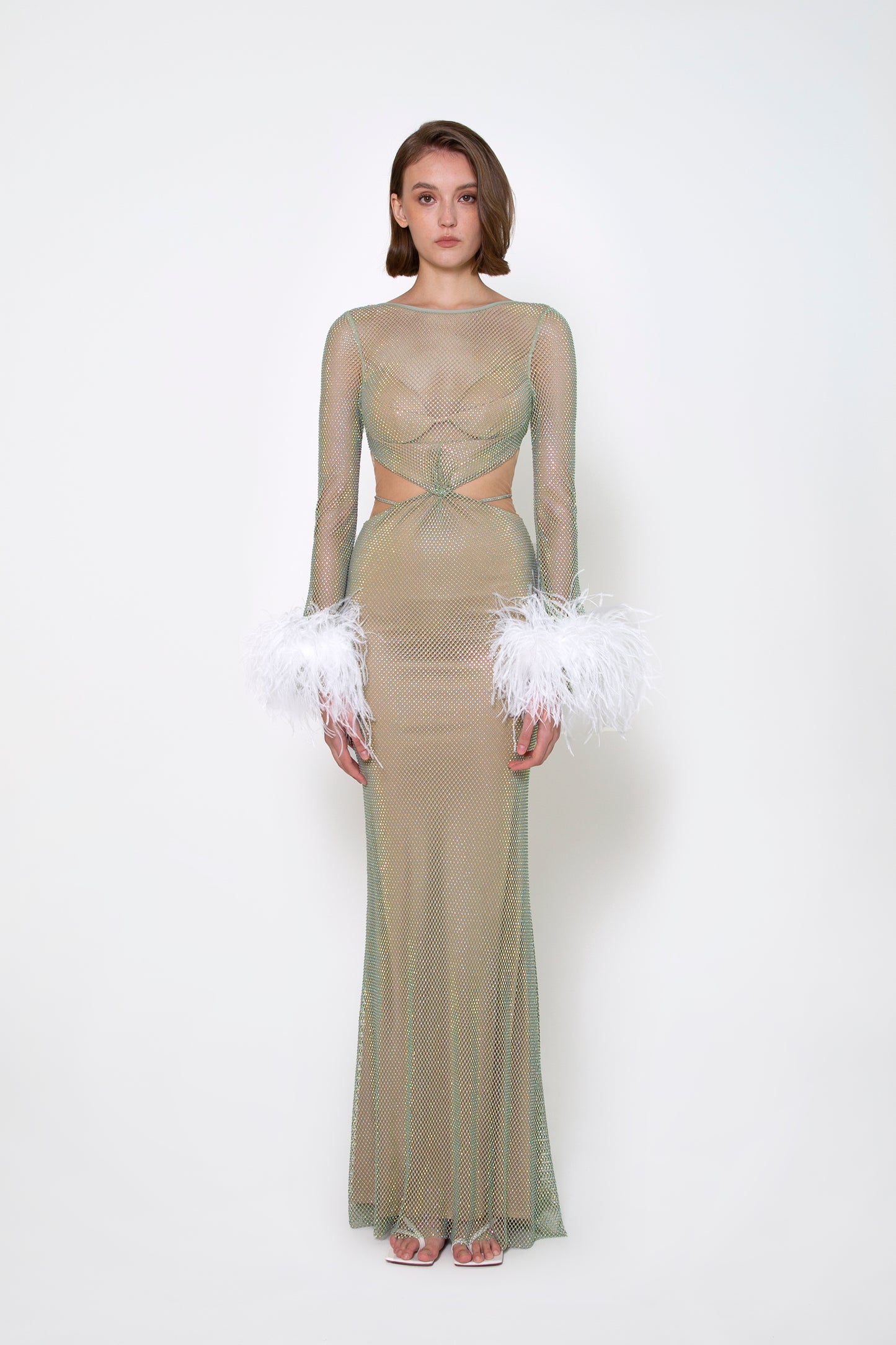 CUTOUT WAIST LONG SLEEVE CRYSTAL GOWN