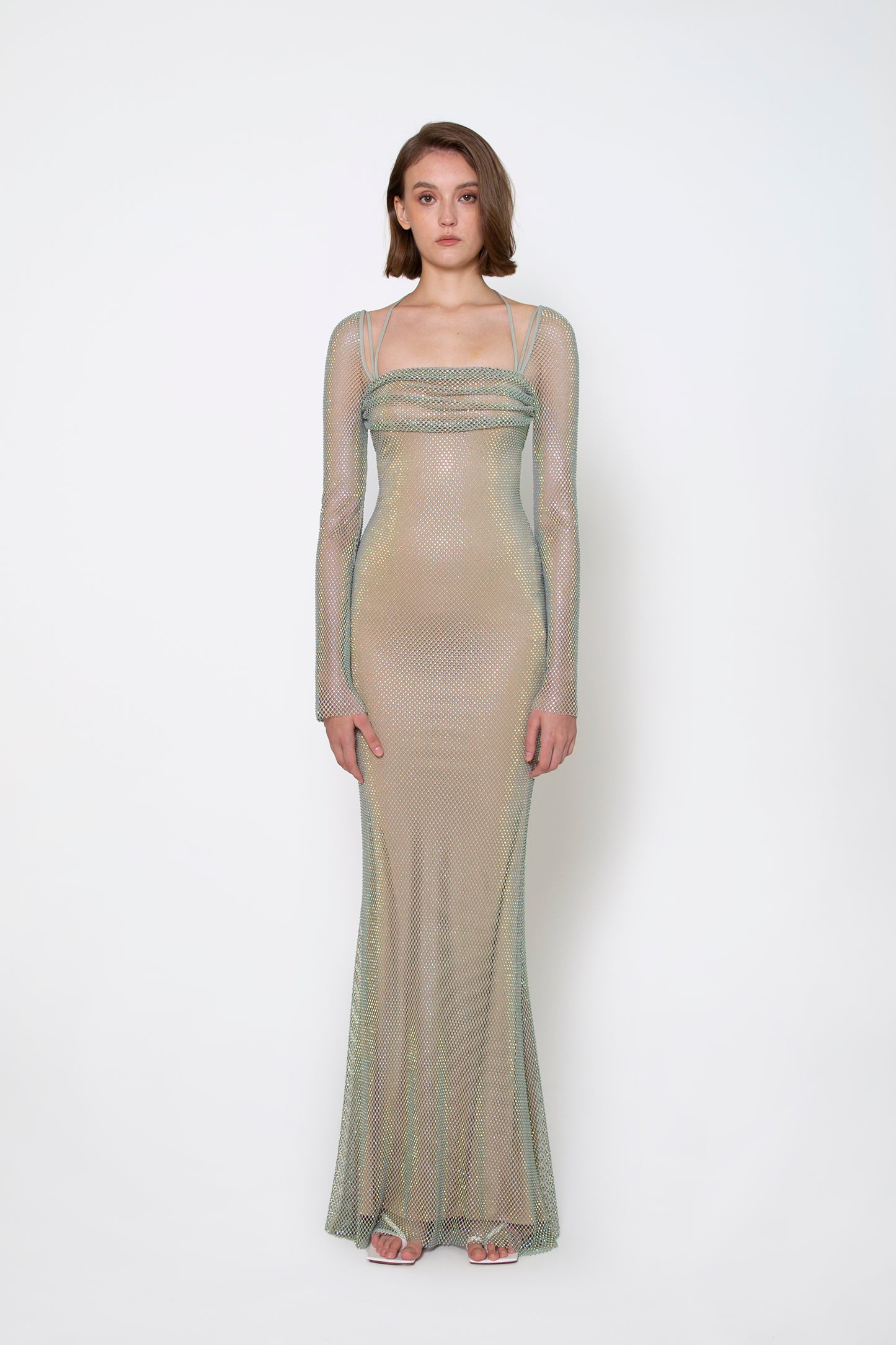 RUCHED BUST LONG SLEEVE CRYSTAL GOWN