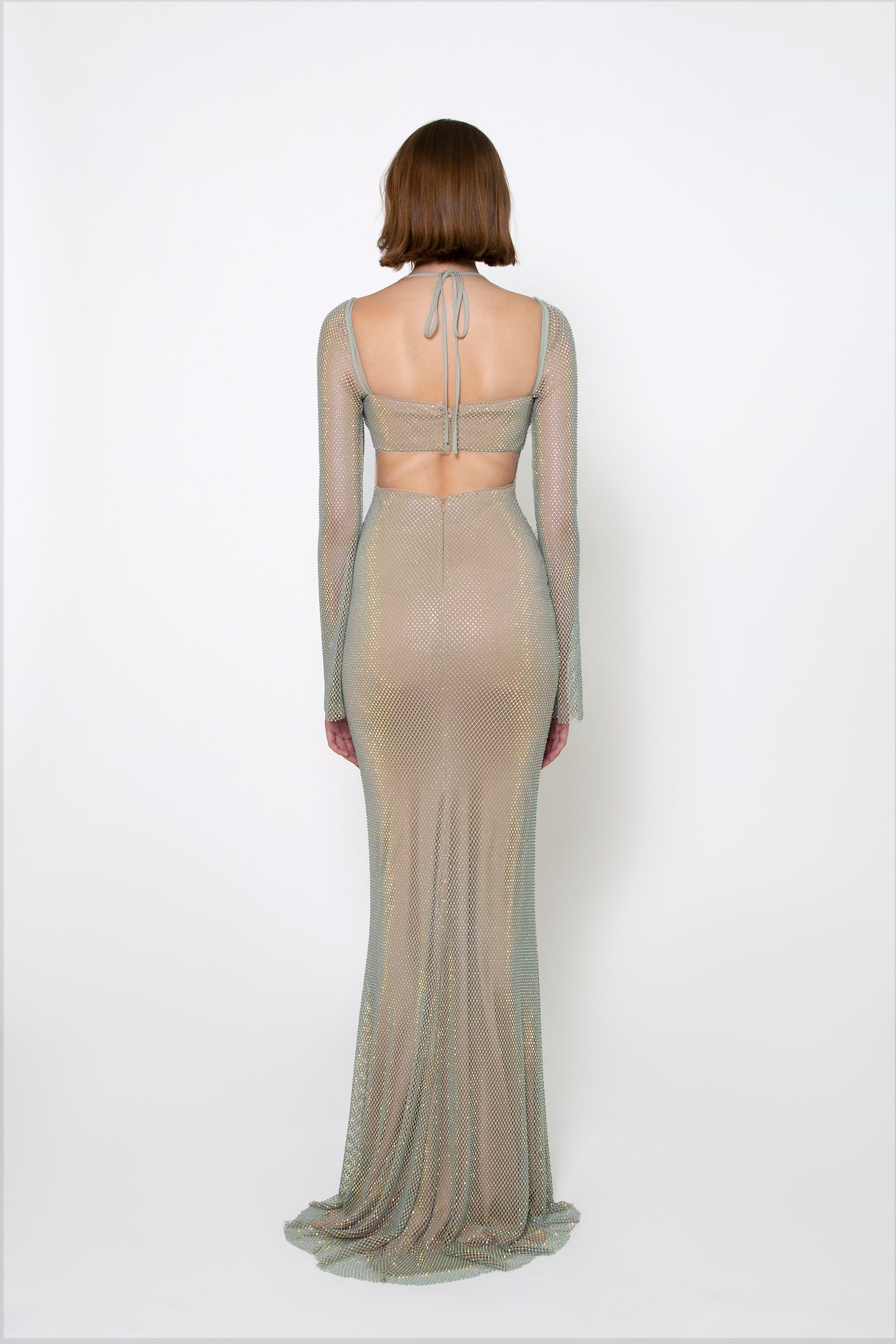 RUCHED BUST LONG SLEEVE CRYSTAL GOWN