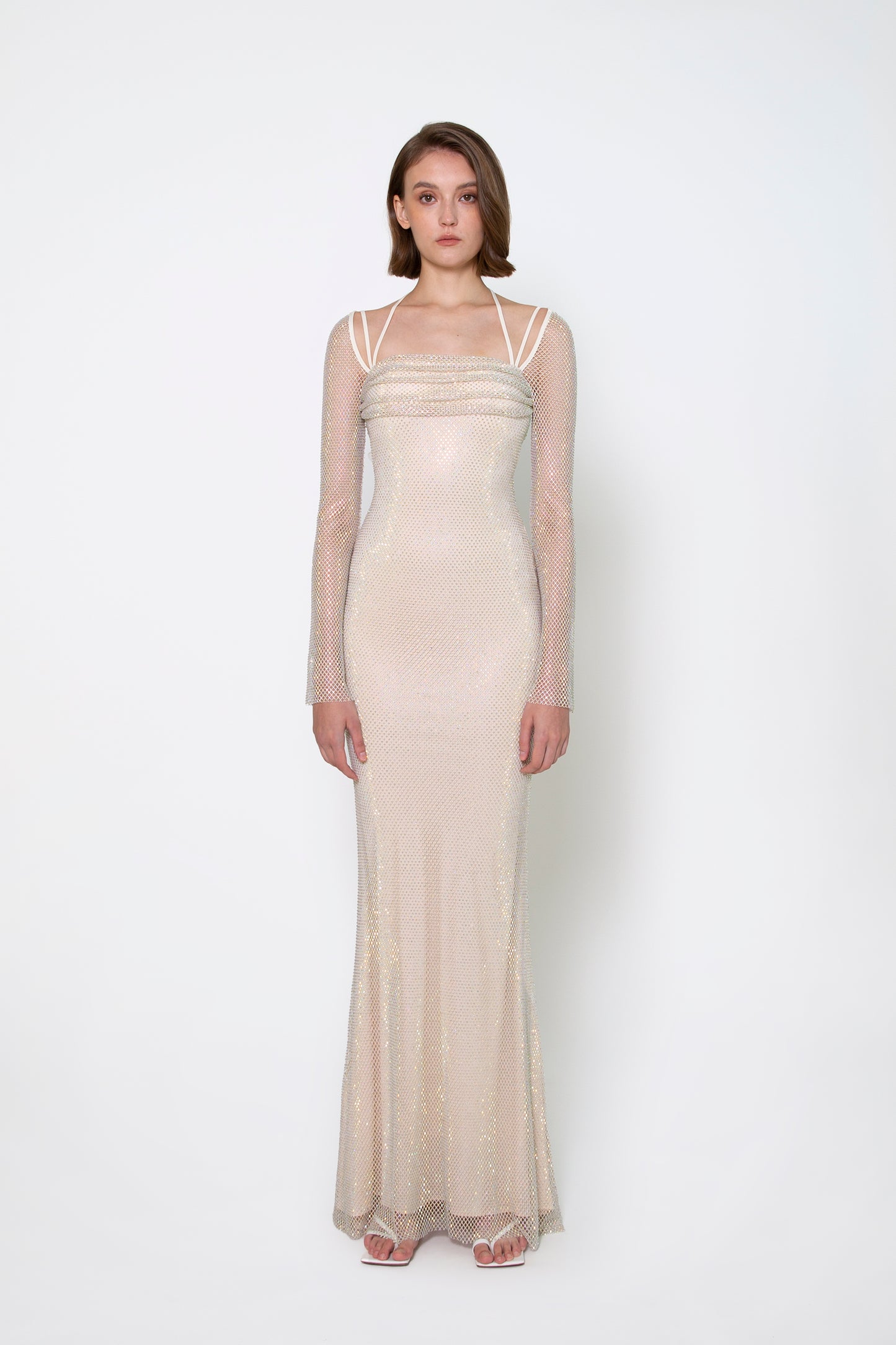 RUCHED BUST LONG SLEEVE CRYSTAL GOWN