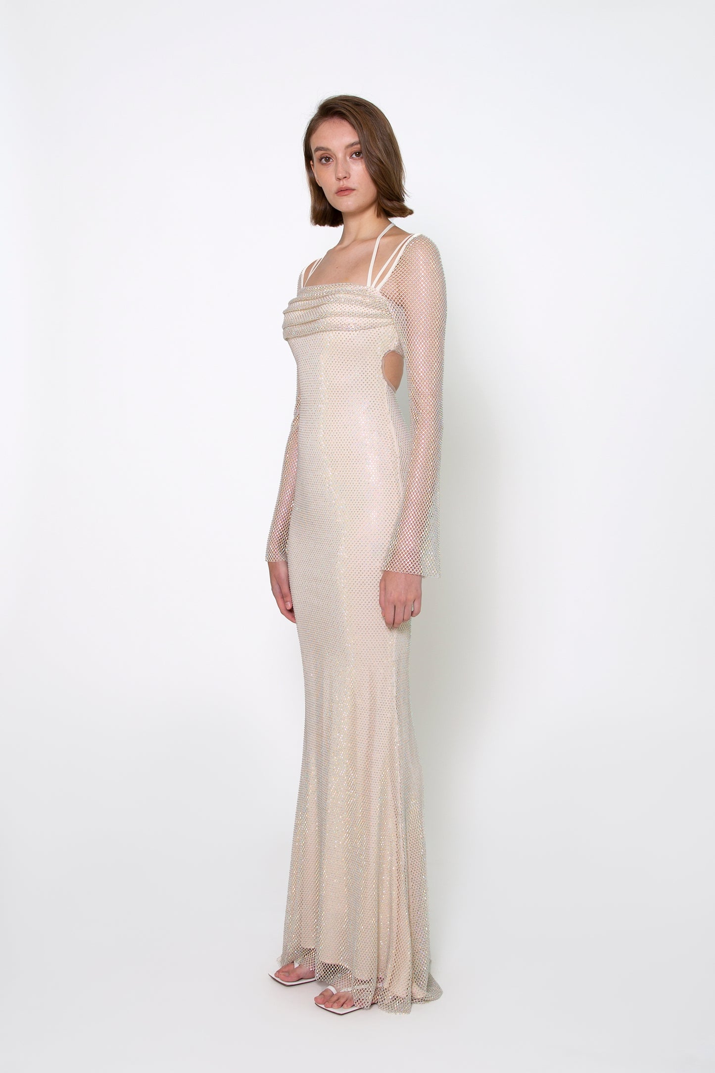 RUCHED BUST LONG SLEEVE CRYSTAL GOWN