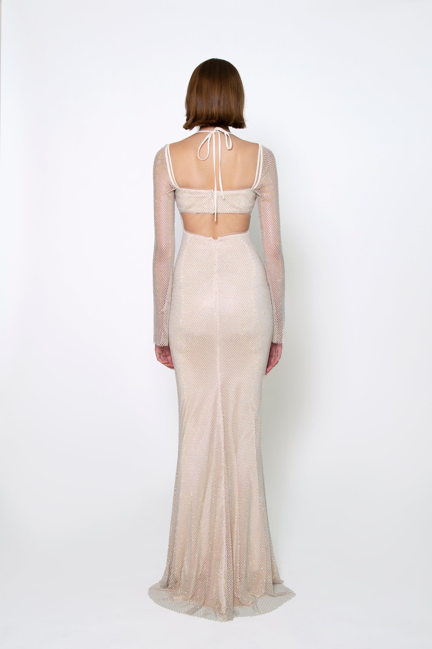 RUCHED BUST LONG SLEEVE CRYSTAL GOWN