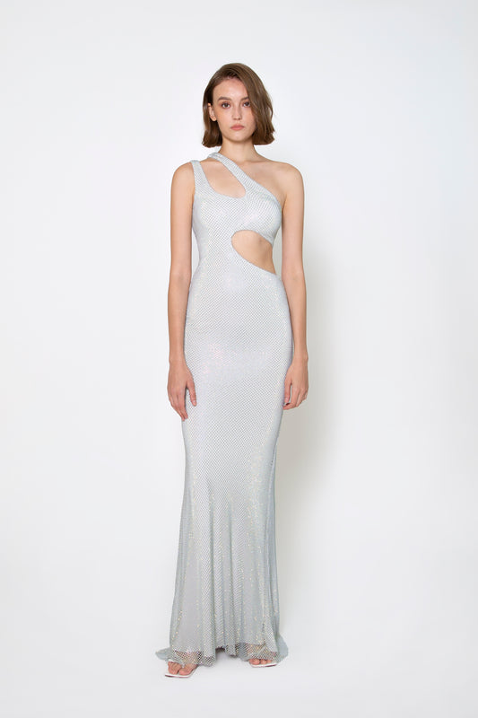 ONE-SHOULDER CUTOUT CRYSTAL GOWN