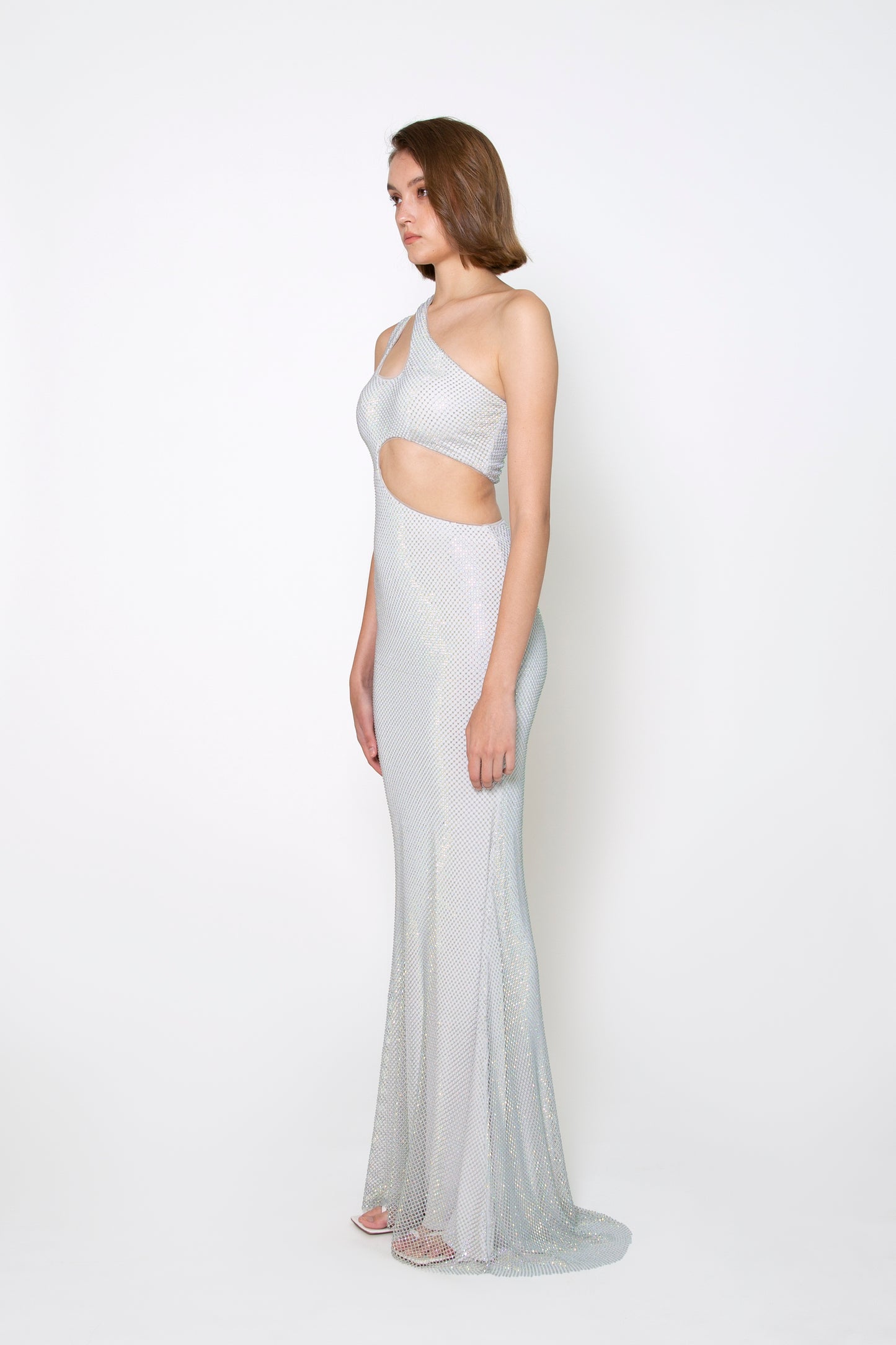 ONE-SHOULDER CUTOUT CRYSTAL GOWN