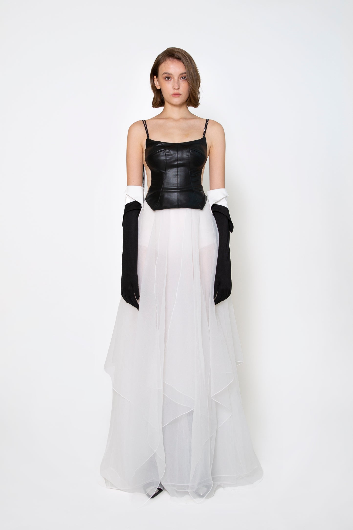 FAUX-LEATHER AND TULLE GOWN