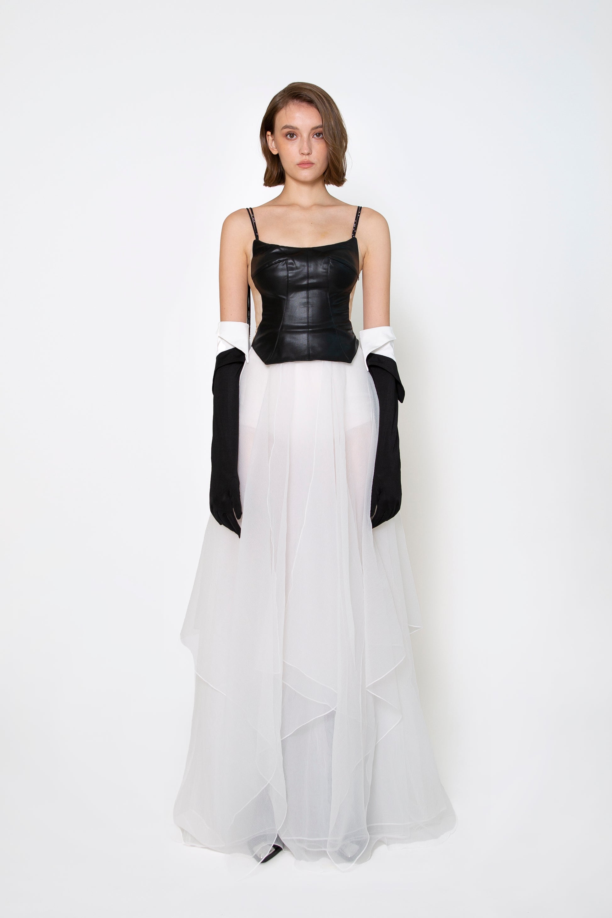 leather and tulle dress Leather and Tulle Strapless A-line Dress with Floral Appliques Black / FR 42