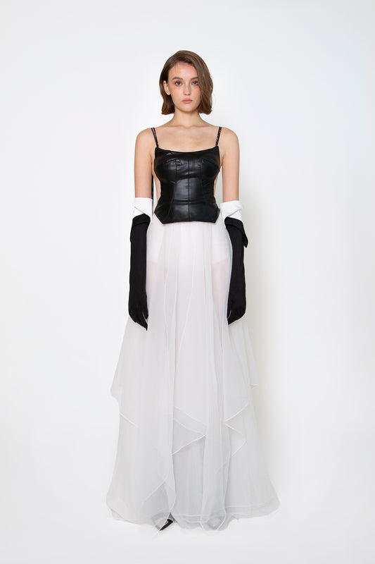 FAUX-LEATHER AND TULLE GOWN