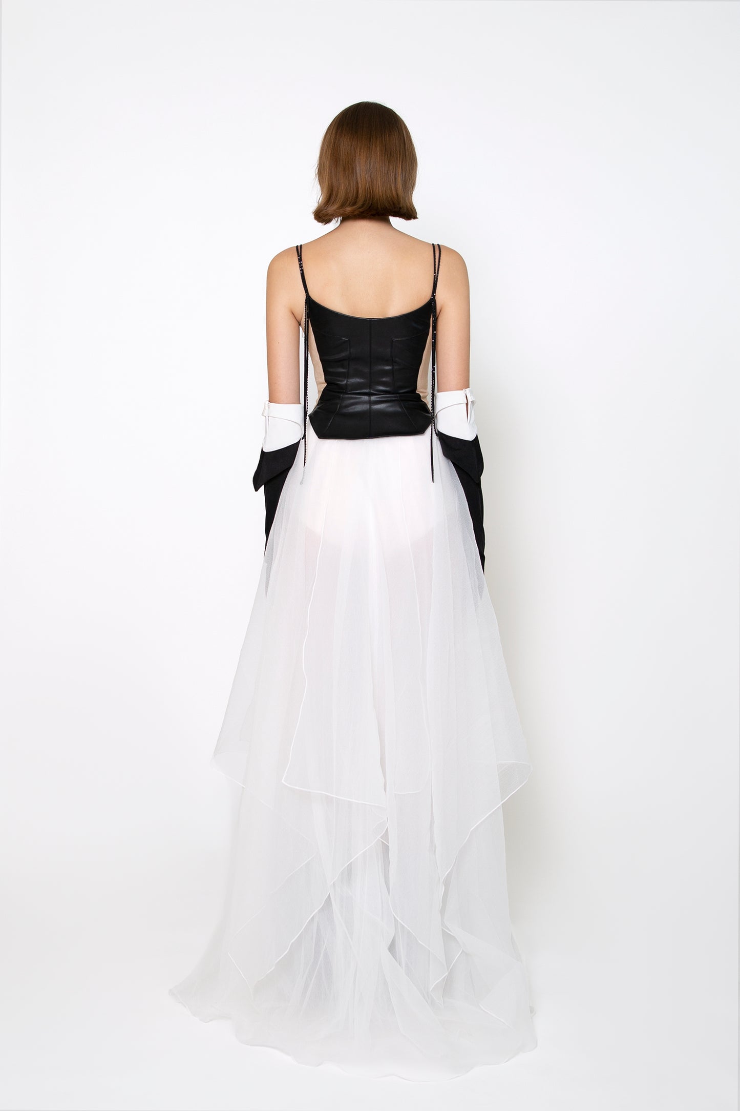 FAUX-LEATHER AND TULLE GOWN