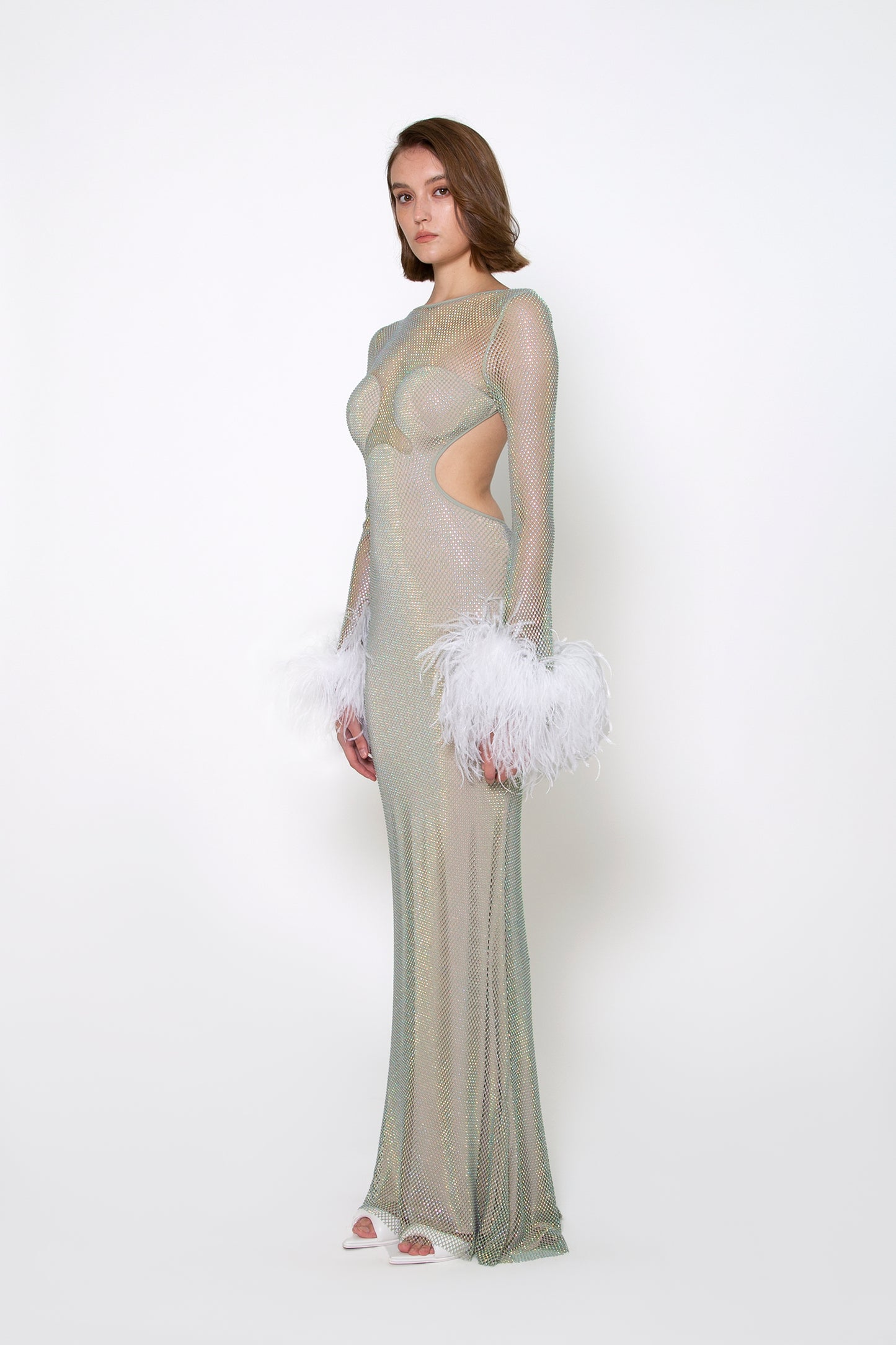 FEATHER-TRIMMED LONG SLEEVE CRYSTAL GOWN