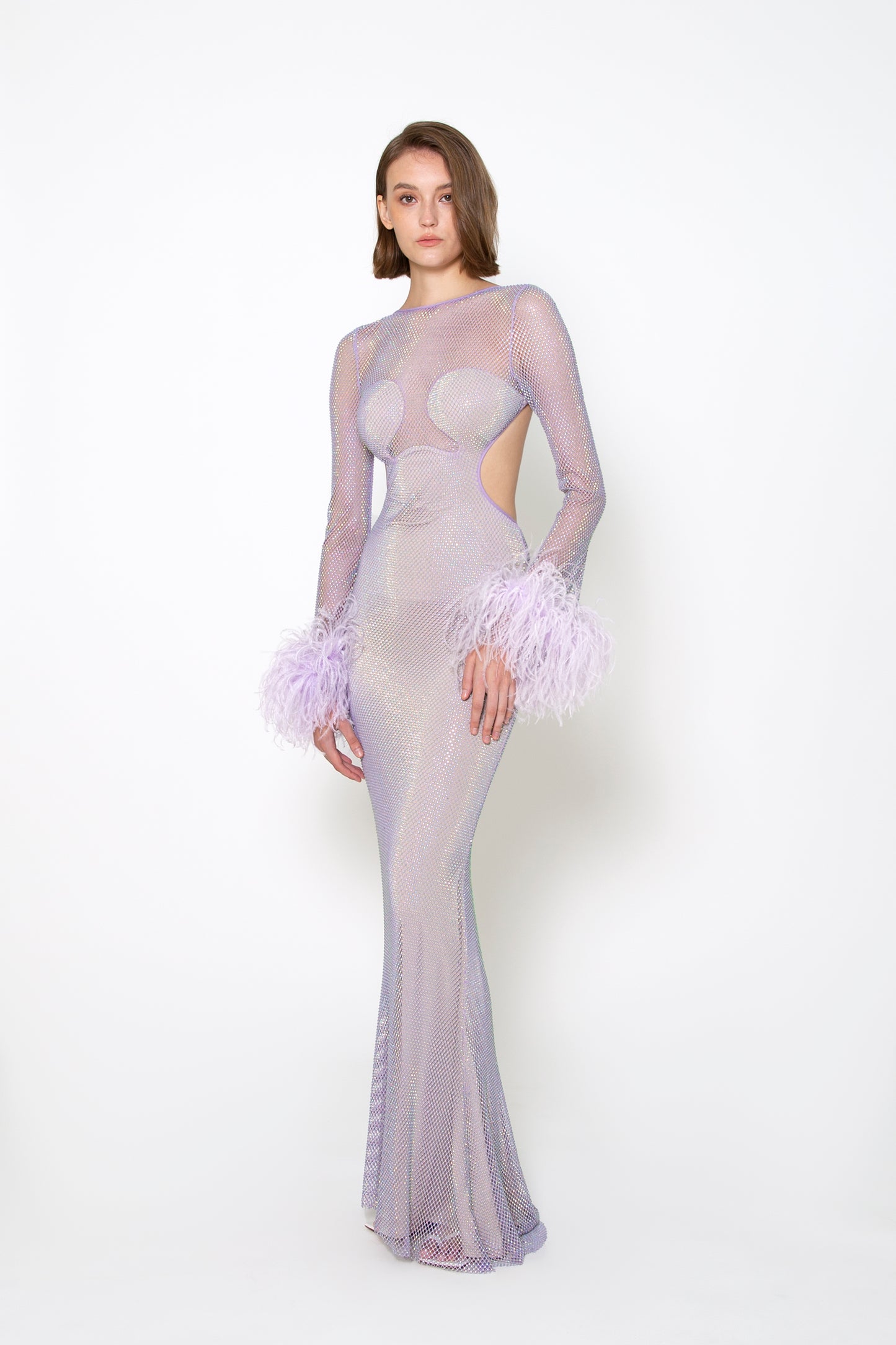 FEATHER-TRIMMED LONG SLEEVE CRYSTAL GOWN