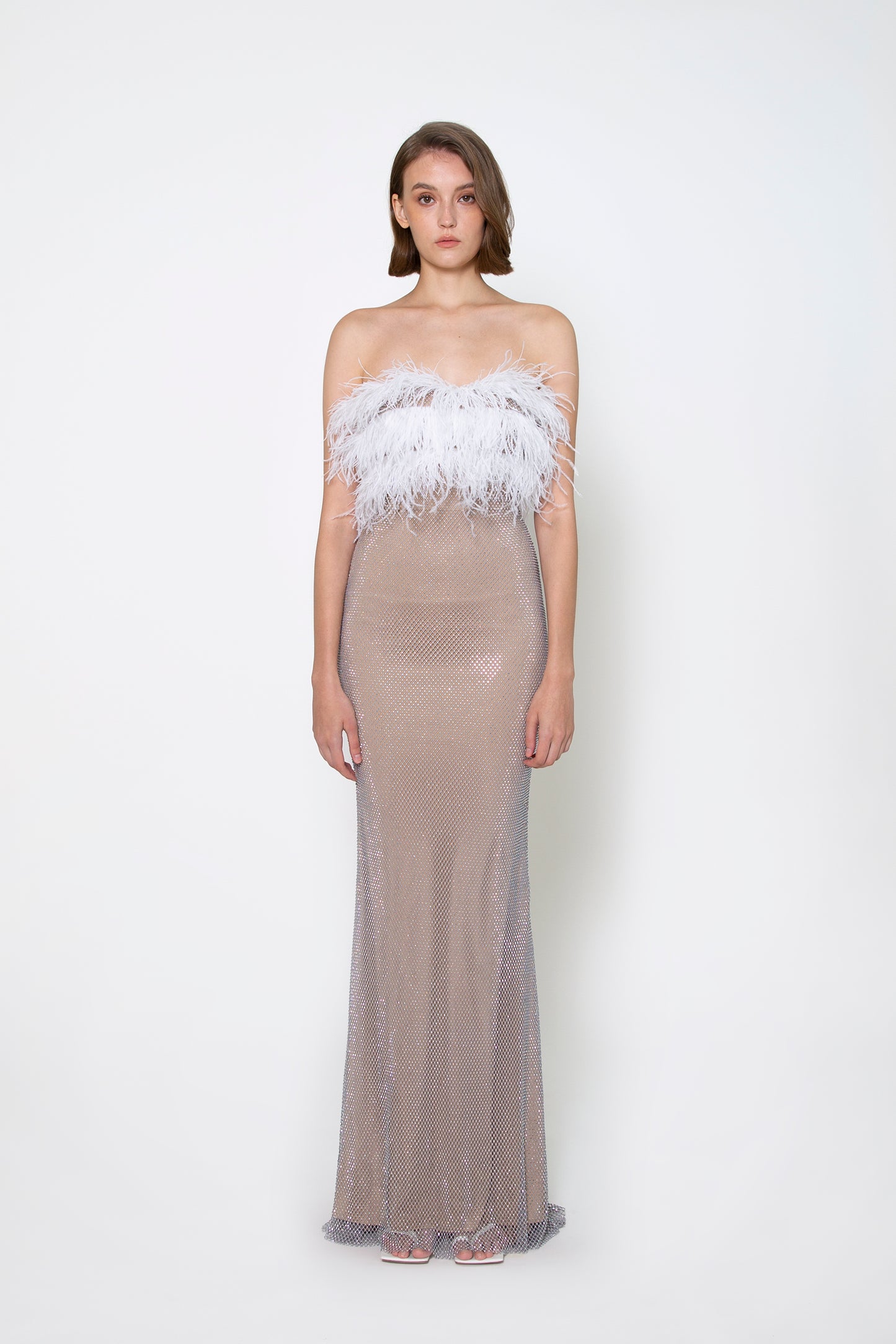 FEATHER TOP STRAPLESS CRSYTAL GOWN