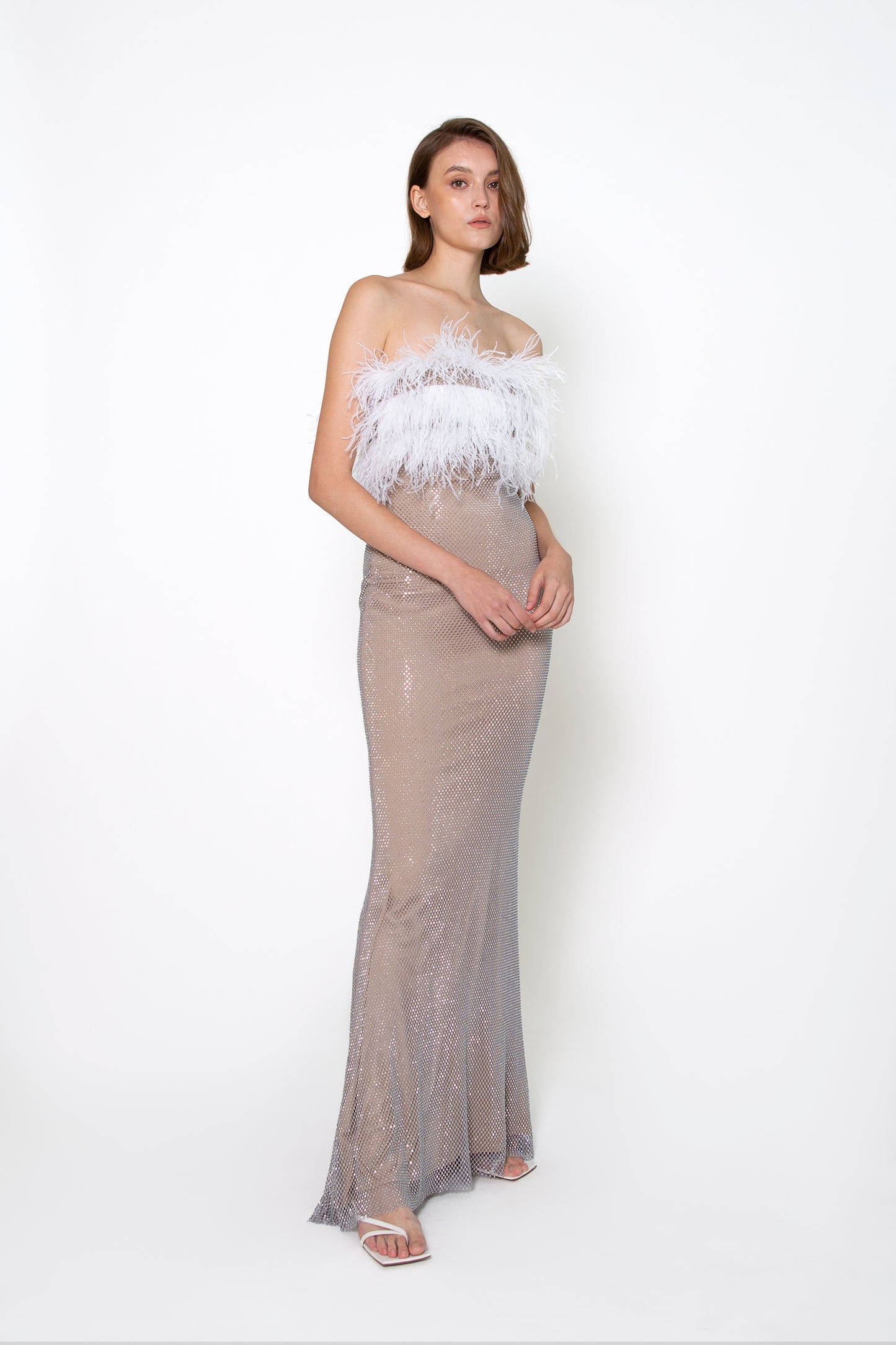 FEATHER TOP STRAPLESS CRSYTAL GOWN