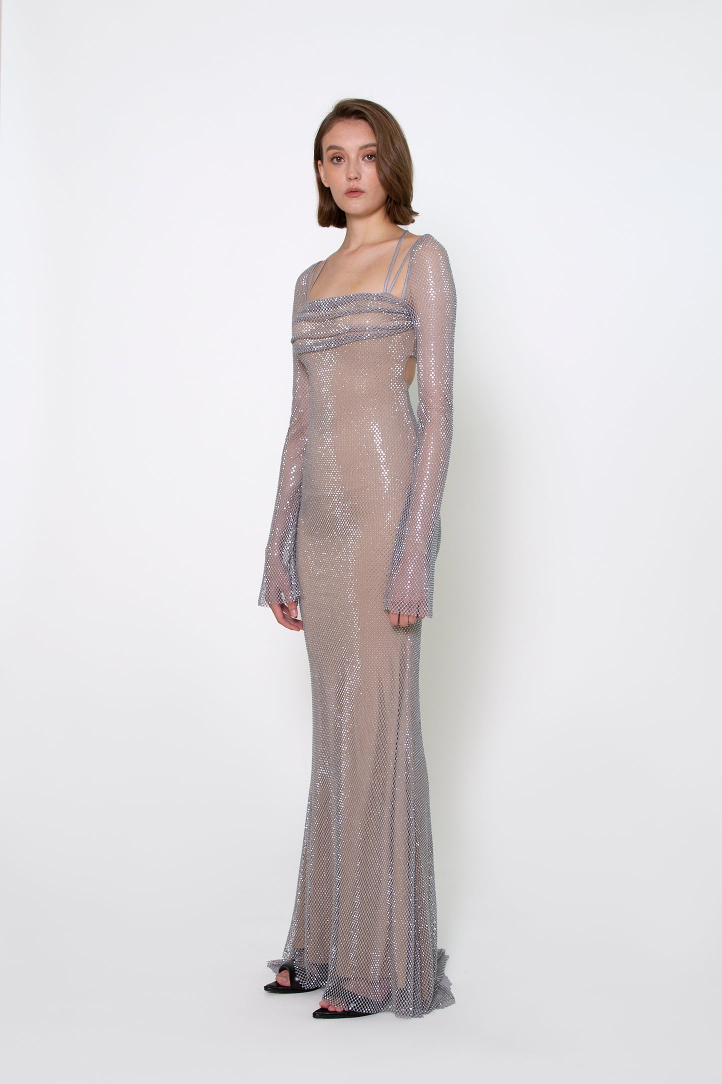 RUCHED BUST LONG SLEEVE CRYSTAL GOWN