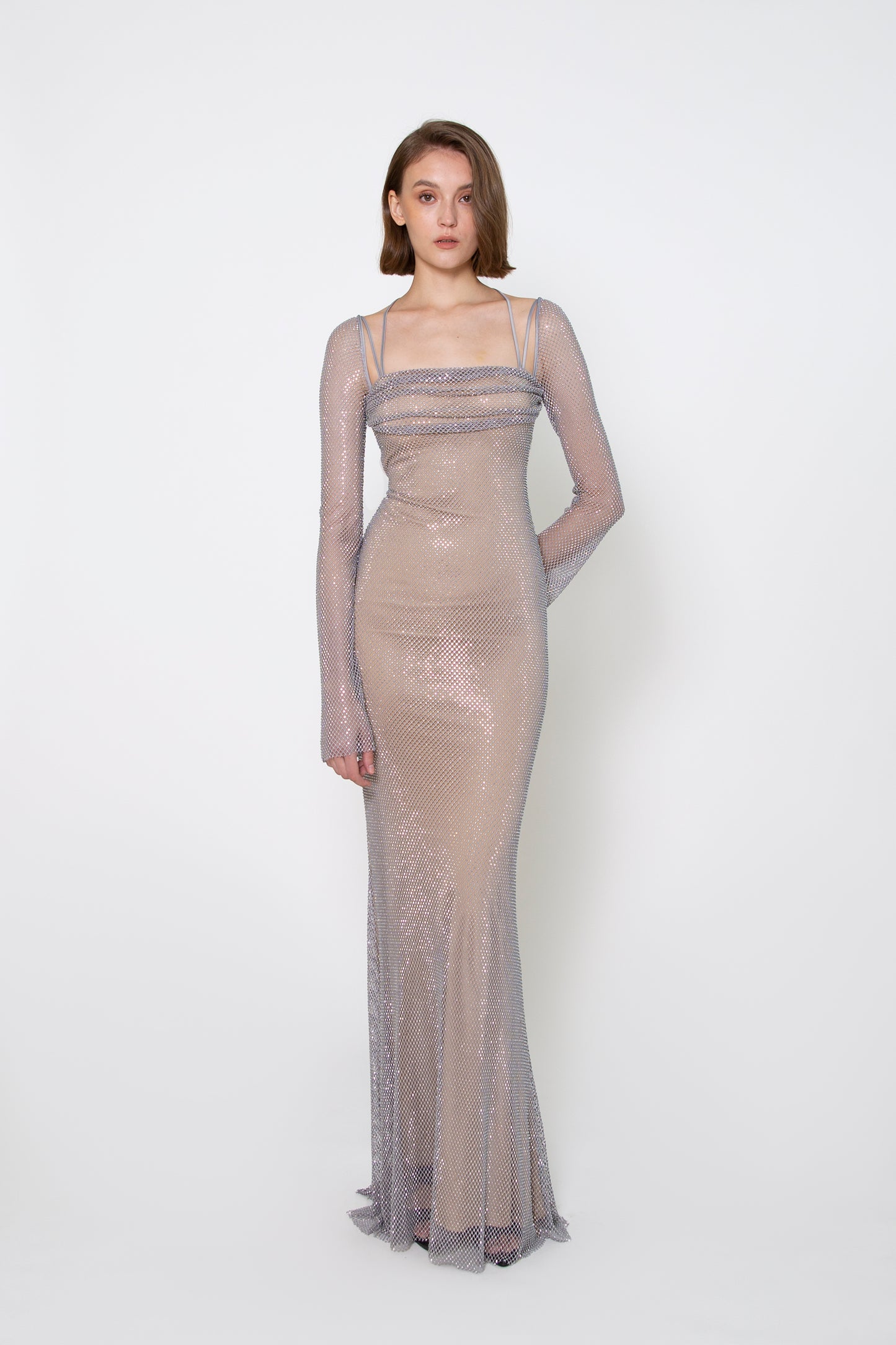 RUCHED BUST LONG SLEEVE CRYSTAL GOWN